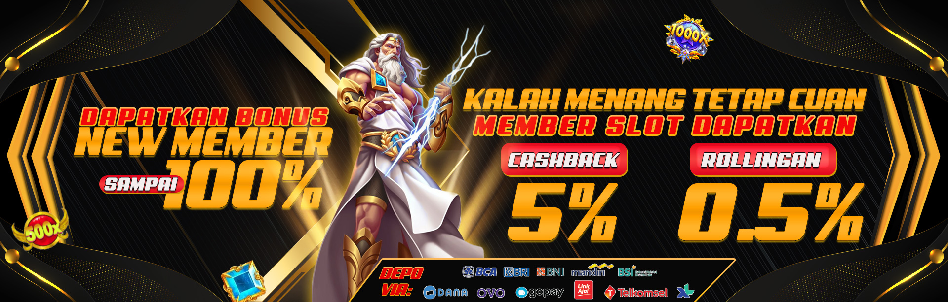 BONUS NEW MEMBER 100%, ROLLINGAN 0.5% & CASHBACK 5% SLOT